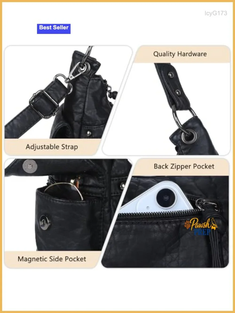 Soft Vegan Leather Hobo Bag Multi-Pocket Shoulder Purse Removable Strap Tote